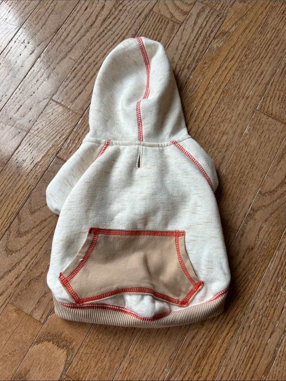 Dog Cream Hoodie with Tan Pocket and Coral Stitching